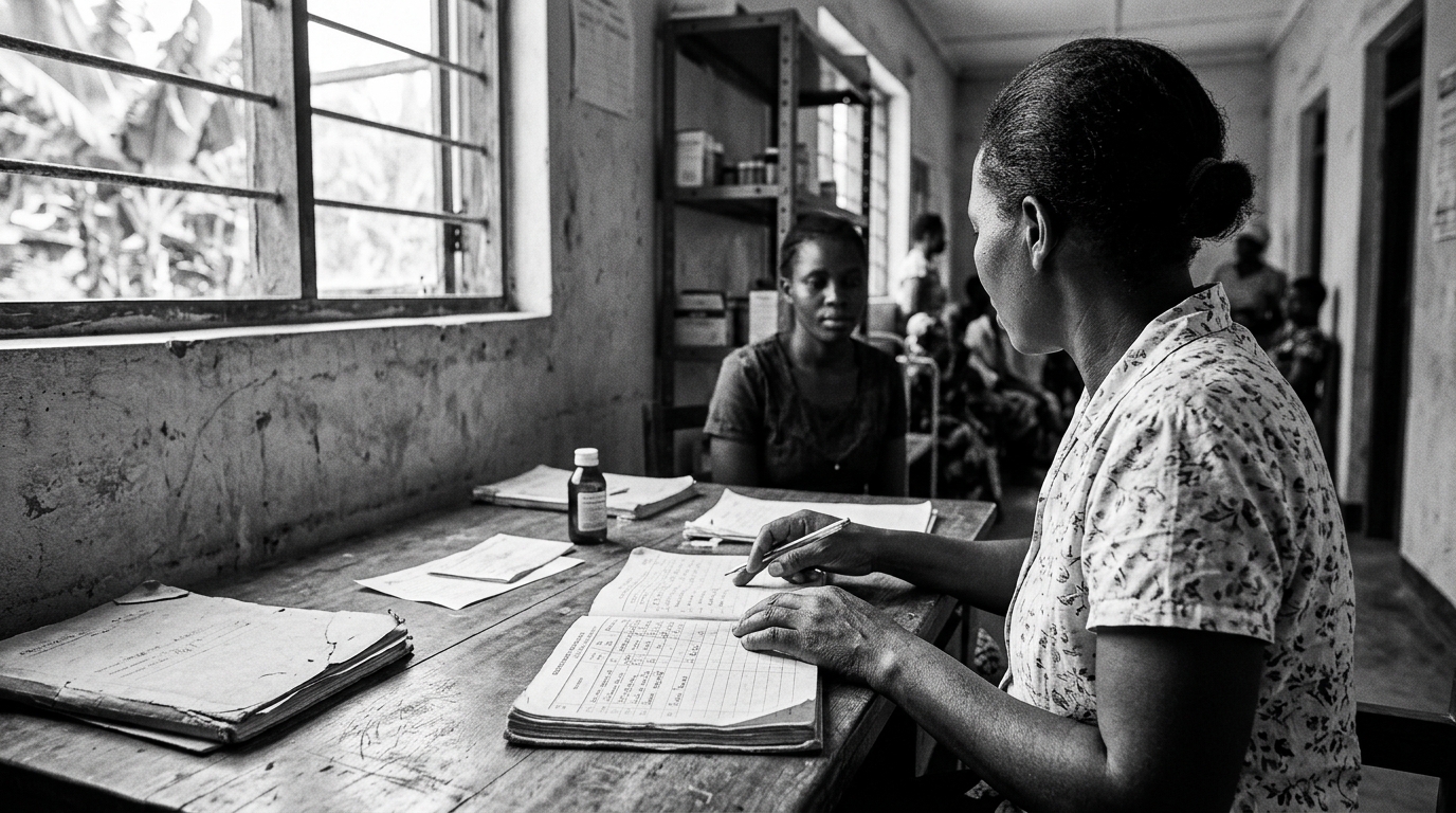 Clinician in a health facility in Tanzania mid-consultation