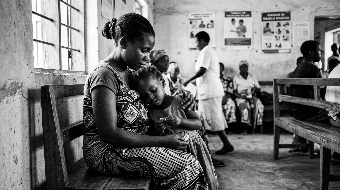 Mother and young child seated together in a clinic consultation room in Tanzania
